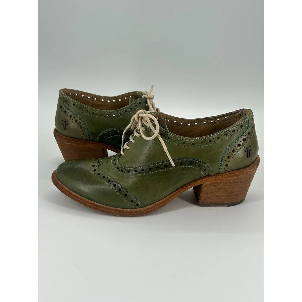 Frye Olive Green Leather Wingtip Oxford Heels Lace Up Shoes Women's 7.5 B